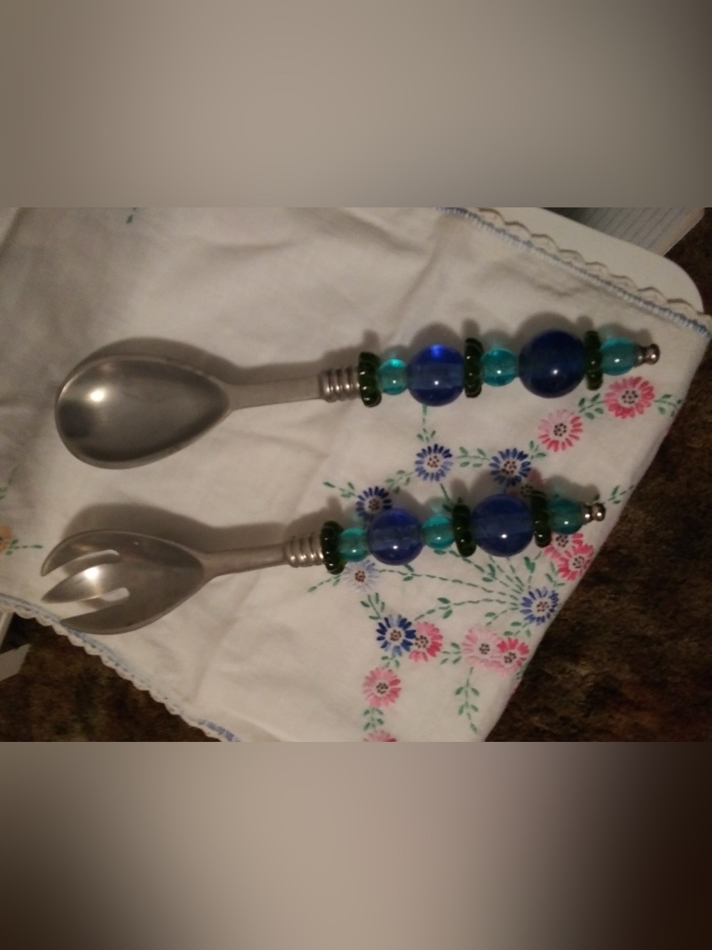 Salad Serving Spoon Fork Blue Beaded Handles By Argent